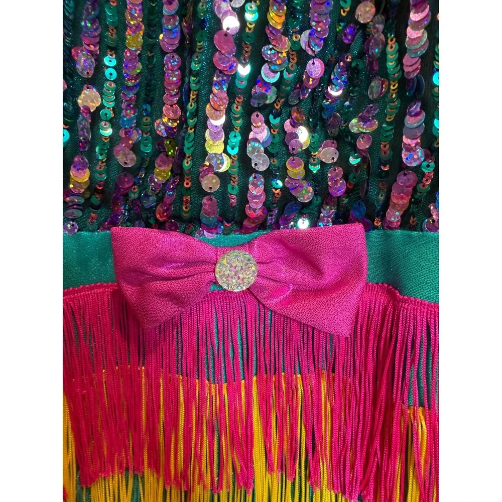 Kids Sequin Fringe Dance Leotard Costume Teal Pink Yellow Performance Comp MC